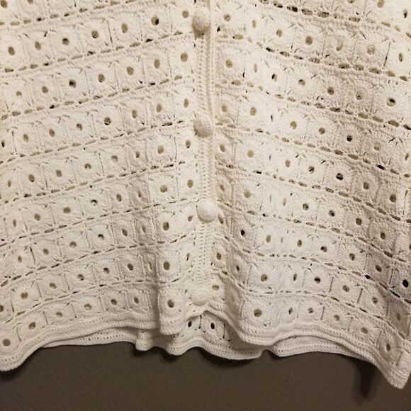 Jones New York L Cardigan Crochet Mercerized 100% Cotton Heavy White Cottagecore - Picture 2 of 9
